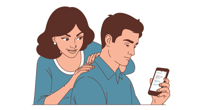 Couple looking at phone, woman peeking over man's shoulder, curiosity, suspicion