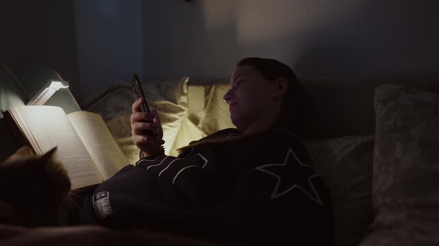 Girl doom scrolling her smartphone instead of reading on a coach at night. Social network and phone addiction concept. Cozy home ambient light