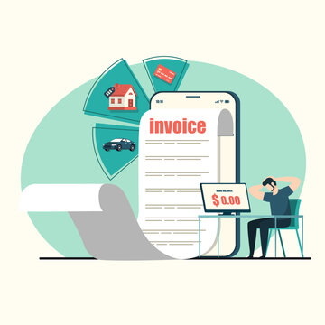 Stressed man facing a giant invoice and zero bank balance, financial crisis flat art.