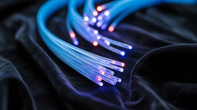 Close-up macro photo of glowing fiber optic cables with blue and red light ends on dark background, technology and data transmission concept
