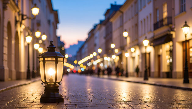 Low angle cobblestone street at dusk with glowing lantern.