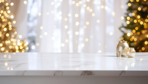 Marble countertop with golden holiday bokeh lights and small ornament.