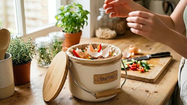 Compost kitchen food waste counter bucket eco sustainable lifestyle carbon offset home gardening herbs jars wooden cutting board utensil plant
