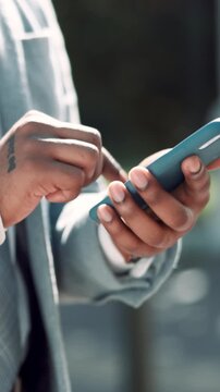 Scroll, hands and phone with business man in city for communication, real estate listing and connection. Text message, client feedback and property viewing schedule with person and mobile outdoor