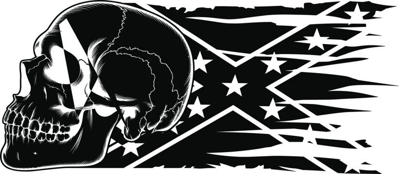 grunge skull with confederate flag distressed vector illustration, vintage rebel symbol gothic style design artwork