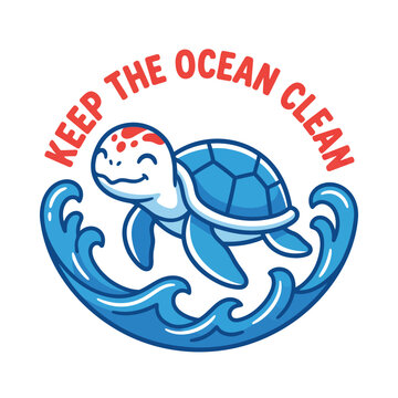 Smiling sea turtle with keep the ocean clean text Vector