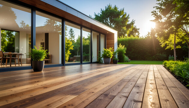 Modern home with sunlit wooden deck and garden.
