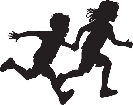 Silhouette of cousins playing together (running or jumping), dynamic motion
