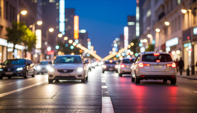 Urban evening traffic on busy city boulevard with headlights.