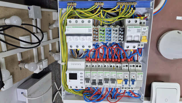 Inside a white electrical distribution board, colorful wires connect to rows of circuit breakers and modules on DIN rails. Picture taken on April 21, 2026 in Bucharest, Romania.