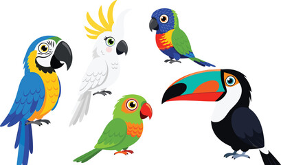 Fototapeta premium Colorful Tropical Birds Vector Set Featuring Parrots, Toucans, Cockatoos, and Lorikeets for Animal-Themed Designs and Illustrations