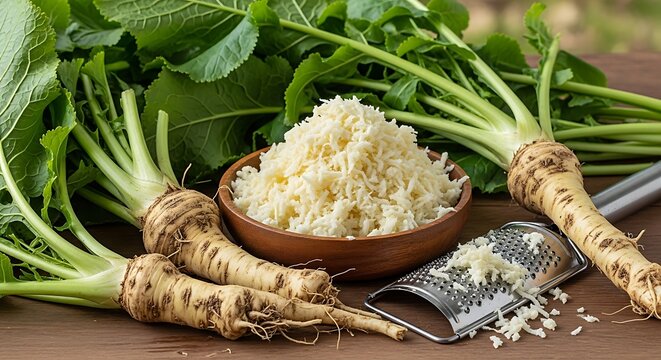 Fresh Horseradish Roots and Grated Preparation for Culinary Use.