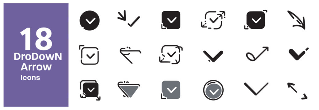 Set of eighteen diverse drop down arrow icons for user interface design and web navigation