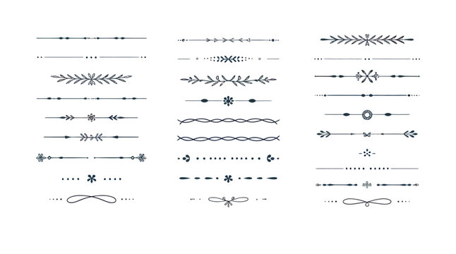 Set of hand-drawn decorative line dividers and floral ornaments for design