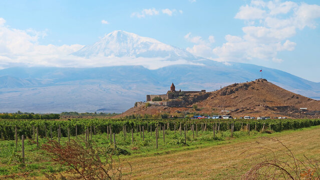 Historical Khor Virap Monastery with Stunning Snow Covered Ararat Mountain in the Backdrop, Artashat, Armenia