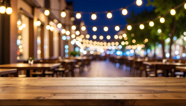 Wooden table with bokeh string lights in outdoor cafe at night.
