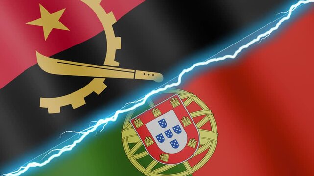 Two waving flags Angola and Portugal with diagonal lightning seamless, 4k loop