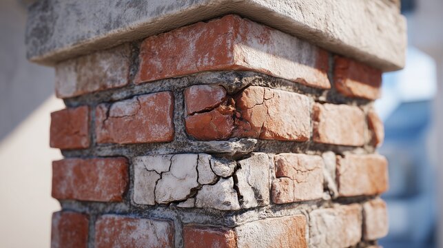 Deteriorated chimney crown and damaged roof chimney brick with cracked mortar and spalling brick indicating urgent chimney repair need.