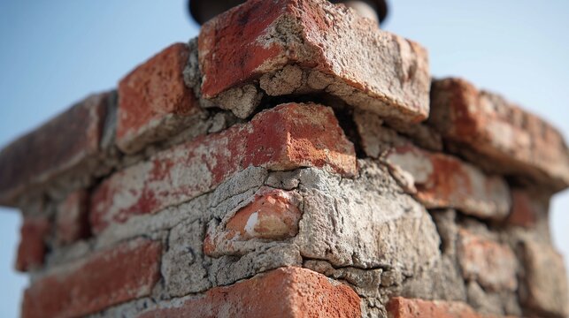 Deteriorated chimney crown with cracked mortar and damaged roof chimney brick showing decay and structural wear.