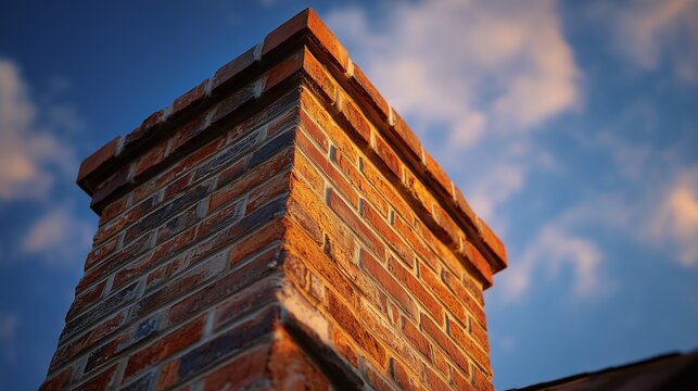 Brick chimney on roof undergoing tuckpointing and repair, highlighting masonry, mortar joint restoration, and rooftop maintenance.