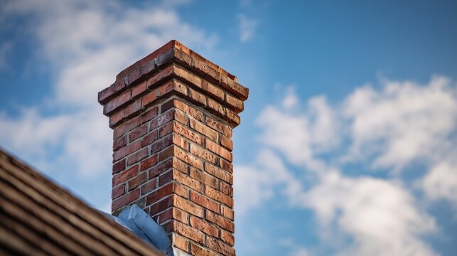 Brick chimney on roof with mortar repair theme, focusing on tuckpointing and roof flashing for chimney repair.