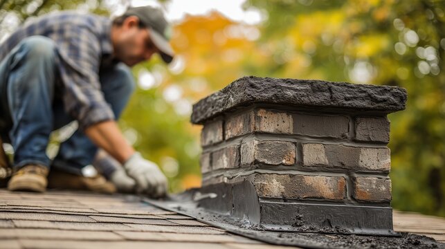 Roofer inspecting brick chimney on shingle roof, assessing flashing and mortar for chimney repair and inspection.
