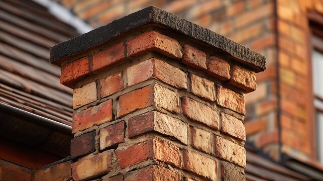 Masonry chimney on roof undergoing tuckpointing and repair, showing brick, mortar joint, flashing and roof tile - structural maintenance and weatherproofing.