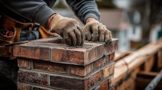 Worker installing chimney cap on brick chimney using glove and tool, representing chimney repair cap installation and masonry maintenance.