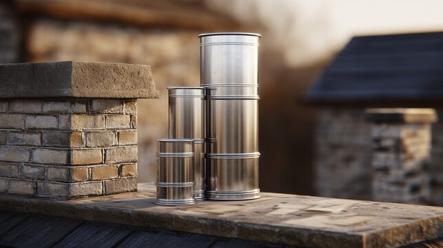 Stainless chimney liner section on masonry chimney cap, showing cylindrical metal pipe segments and connectors for chimney repair and relining.