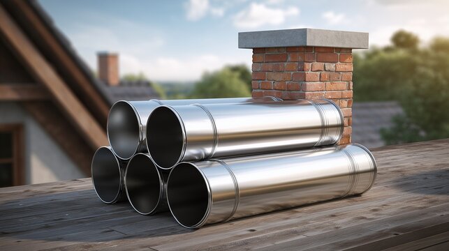 Shiny stainless steel chimney liner sections stacked near a masonry flue on a rooftop, conveying installation process and safety precautions for venting system upgrade.