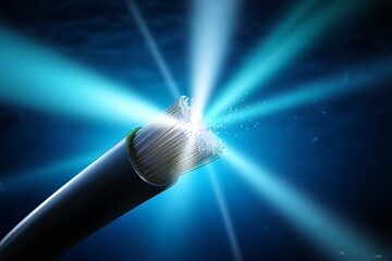 Obraz premium Severed glowing fiber optic cable underwater on ocean seabed, showing broken communication network, digital connectivity loss, cyber technology concept in deep sea scifi environment illustration