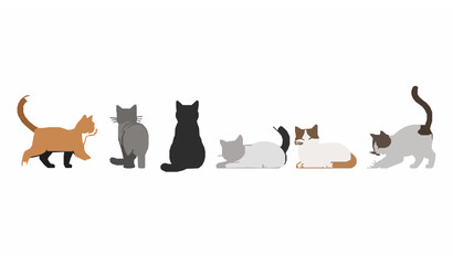 Naklejka premium Flat cat poses vector collection with different kitten actions walking sitting lying and playing isolated on white