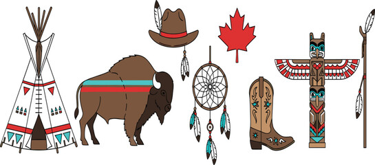 Native American and Canadian Culture Illustration Set Featuring Teepee, Bison, Totem Pole, Dreamcatcher, Cowboy Hat, Boot, and Maple Leaf Symbols for Heritage Design. © MstSuborna