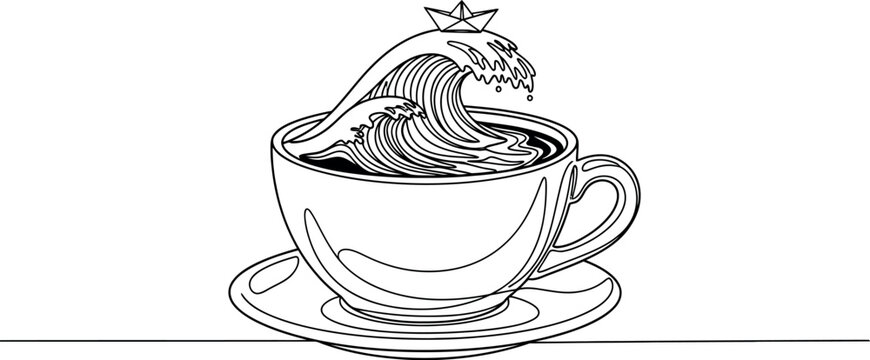 An elegant continuous single line drawing illustrating a spirited ocean wave curling within a coffee cup placed on a saucer, complete with a tiny paper boat afloat, symbolizing creativity and the flow