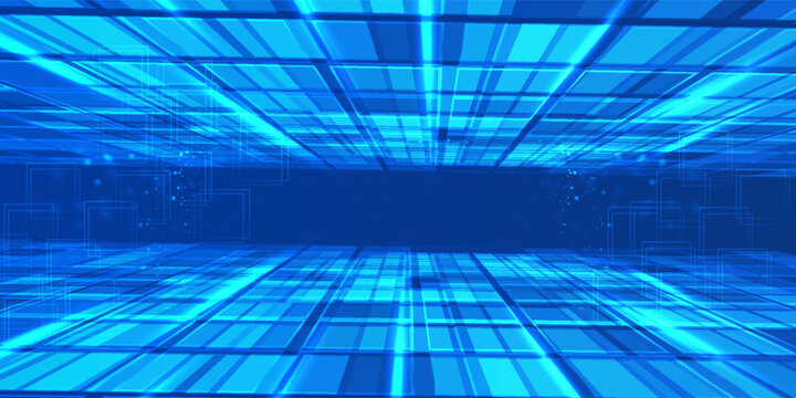 Neon light corridor background. Abstract led and laser stage in futuristic club room. Empty dance concert hall for fashion party. Cyber interior bg with catwalk and glow line in pink and blue.