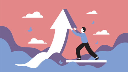 Fototapeta premium A man pushing a large white arrow upwards on a platform with a pink and purple background