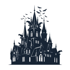 Obraz premium Spooky Gothic Castle Silhouette with Bats and Gargoyles