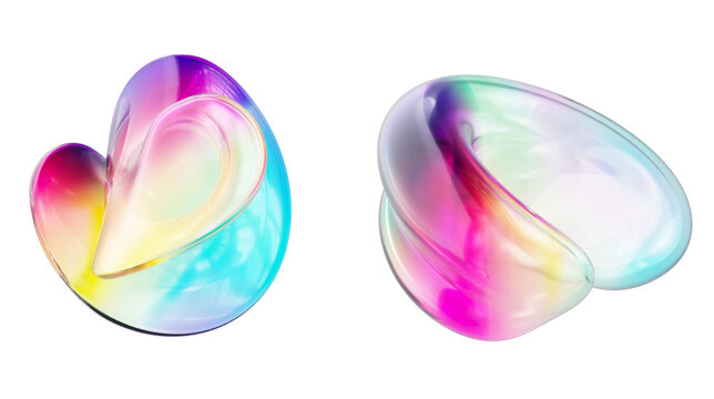 Vibrant iridescent acrylic abstract objects. Symbolizes diverse digital assets and creative modularity. Ideal for multimedia marketing, premium packaging design, or corporate presentation
