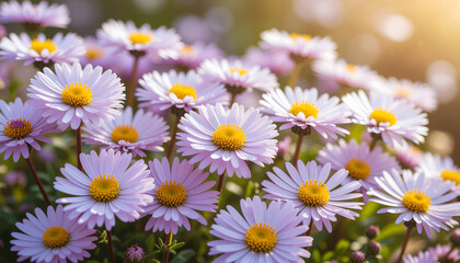 Fototapeta premium Lavender asters blooming in warm golden sunlight.