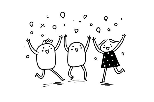 Cartoon doodle of three happy characters dancing with joyful expressions