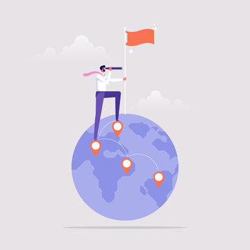 Business opportunity concept, globalization or global business vision, businessman standing on earth and using telescope to see vision or future opportunity