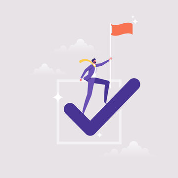 Checklist to succeed and achieve goal, winner progress, planning, finish work concept, success businessman holding winner flag on checklist