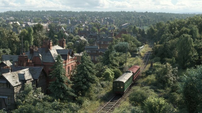 train passing through village from side-front angle, village visible behind train, rooftops, trees, fields, realistic perspective, cinematic daylight, ultra-realistic