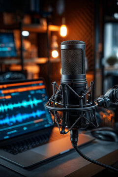 Podcast studio with a professional microphone on a boom arm, a laptop showing audio waveform, and warm ambient lighting creating a cozy atmosphere