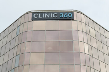Naklejka premium exterior building facade and sign of surgical and aesthetic facilities of Clinic 360 at 1131A Leslie Street; a 10,000-square-foot medical hub in Toronto, April 2026