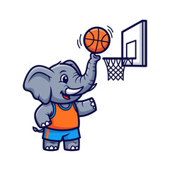 Cute cartoon elephant playing basketball, dribbling ball near hoop © ijo