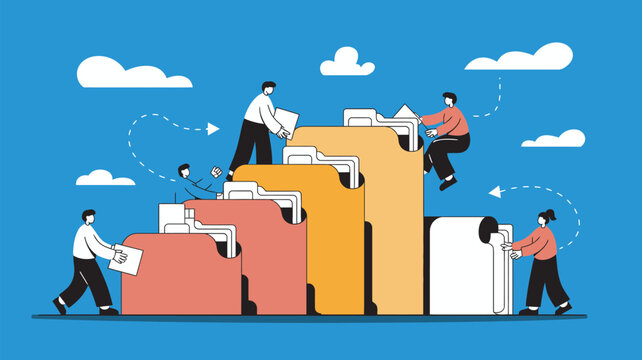 A group of people working together to organize and manage a large stack of files and documents in a colorful and dynamic illustration.