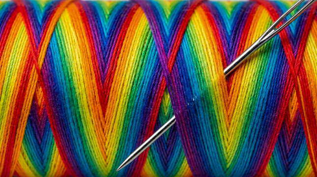 A close-up shot of multicolored sewing thread wound in a chevron pattern with a metal needle inserted into the spectral fibers