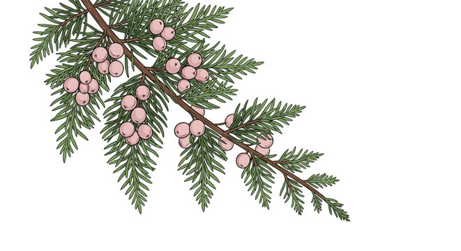 Detailed botanical drawing of a juniper branch with green needle leaves and many small pinkish berries against a clean white background.