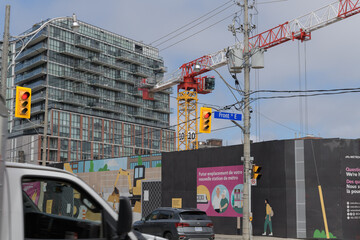 Fototapeta premium construction site with crane (Ontario Line, Corktown Station, King St E, Berkeley, Lower River, Parliament), Toronto